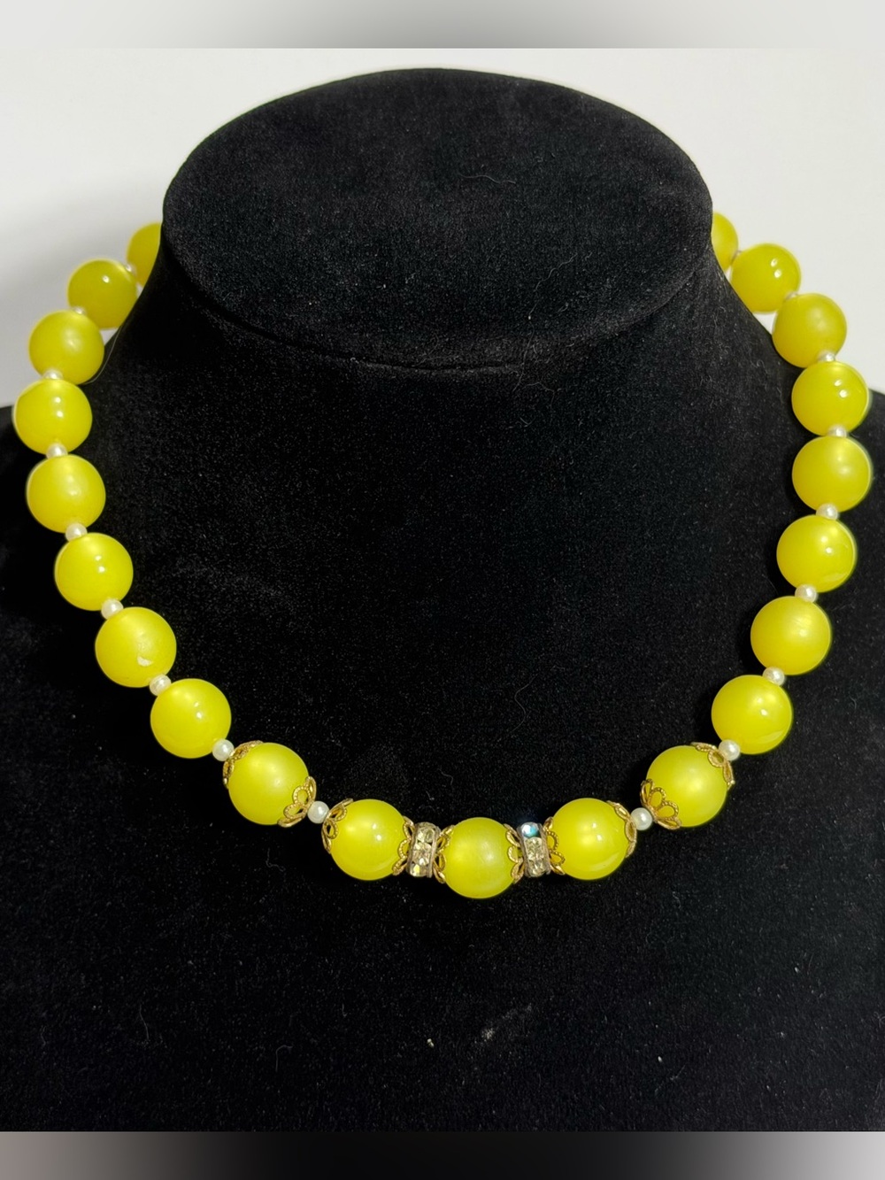 Vintage Yellow Green Beaded Choker Necklace Rhinestone Accents 15 Inch Retro MCM